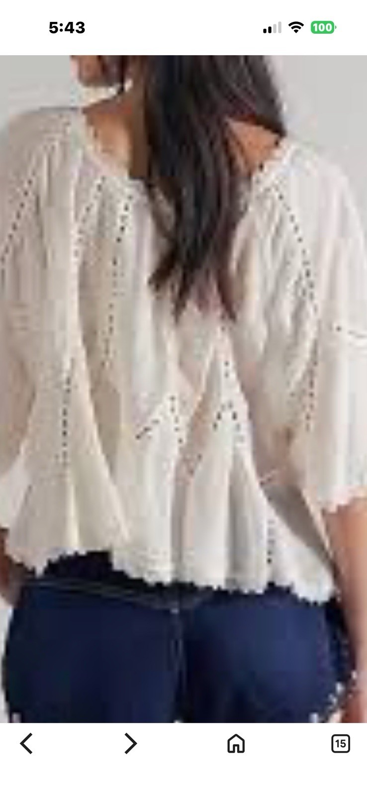 Free People White Peasant Blouse S V-Neck 3/4 Bell Sleeve Eyelet Lace