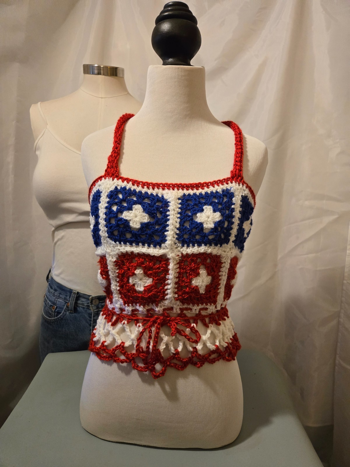 New Red White Blue Granny square Halter top Draw string tie Handmade Crocheted