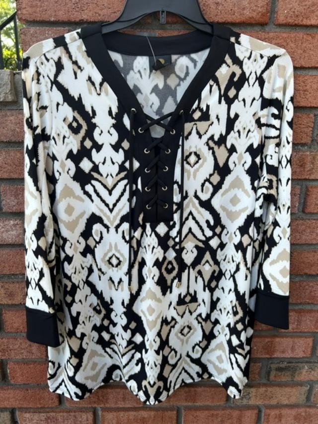 New $54.50 Tag NWT JM COLLECTION 3/4 Slv Silky Str Lace Up Neck Top 1X 2X 3X 4X