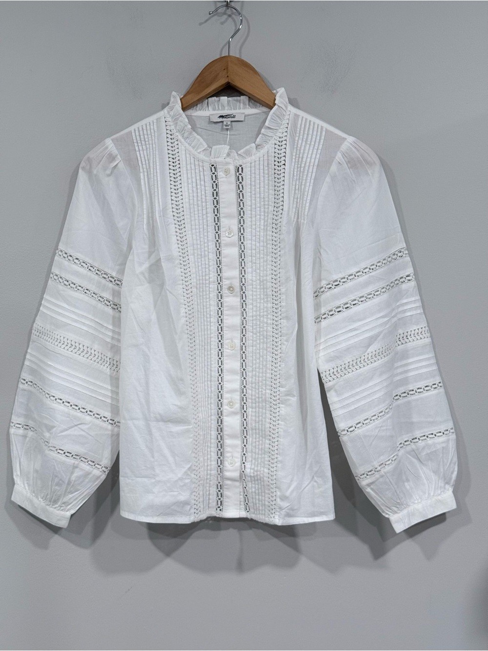 Madewell White High-Neck Lace-Insert Long Sleeve Pintuck Button Down Shirt S NWT