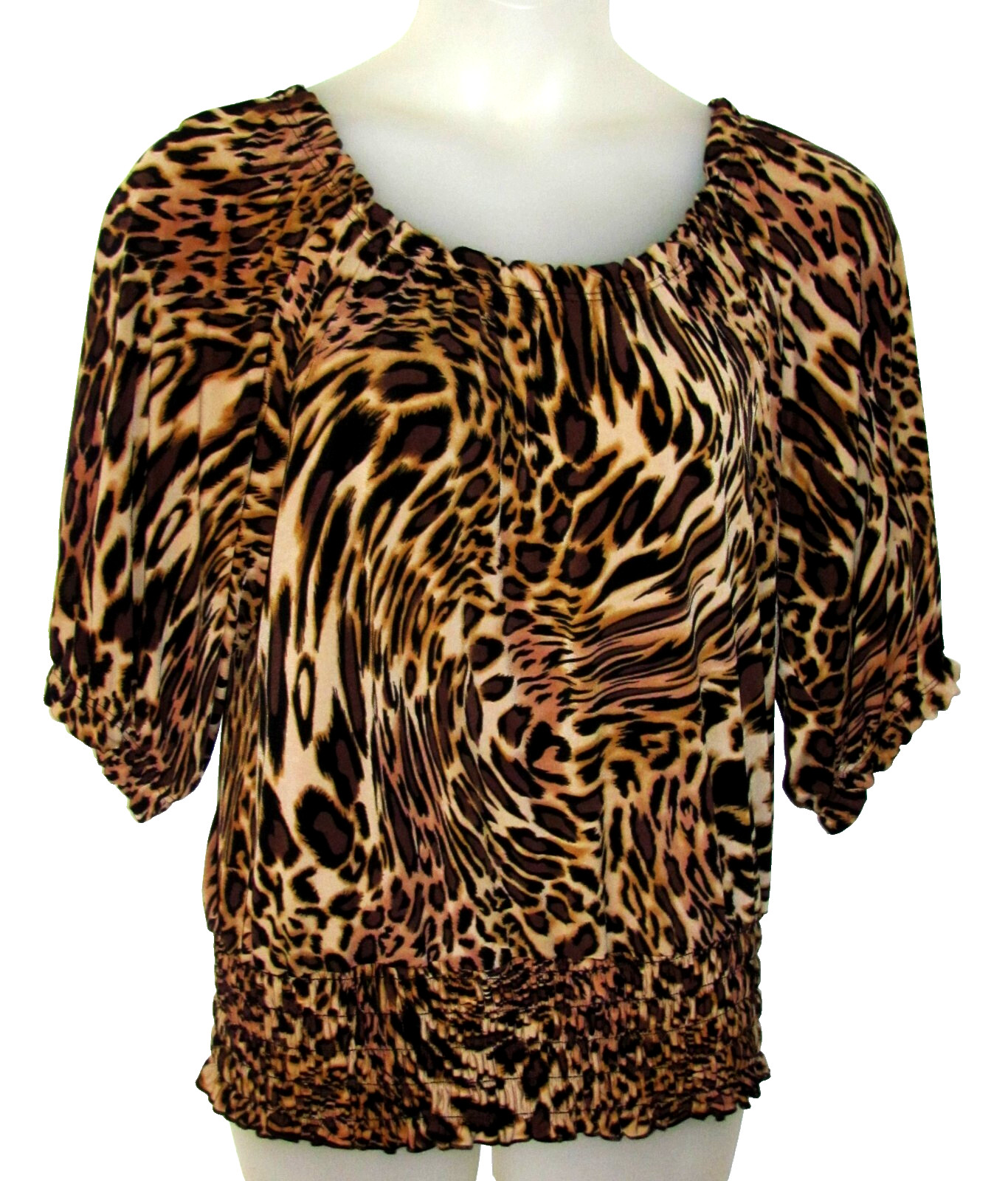 Exc LINDA LEAL Designer Animal Smocked Hemline Top Blouse XL 16