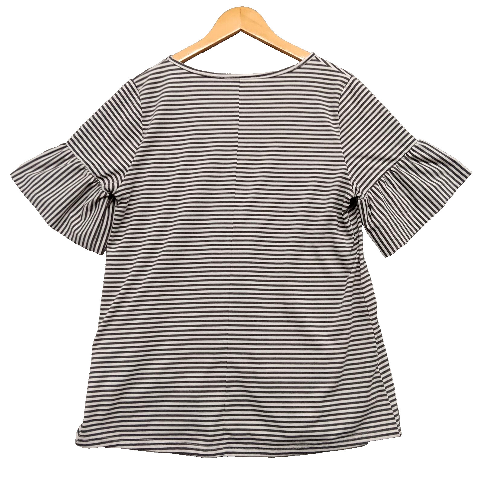 Tickled Teal Woman Sz L Dark Gray White Stripe Short Bell Sleeves Blouse Cottage