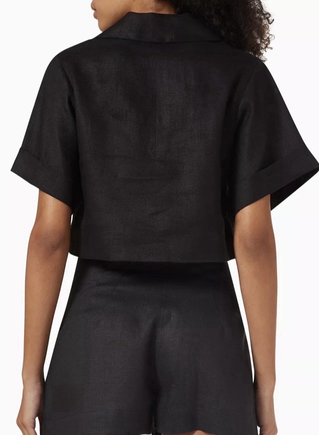 MATTHEW BRUCH Popover Crop Shirt in Linen BLACK SIZE 1/XS/US 2 $345