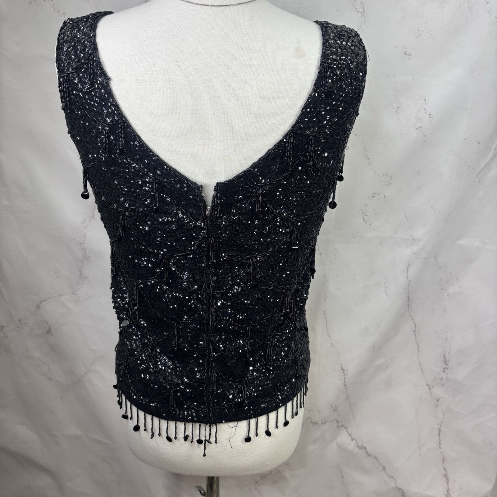 Vintage 60s Flapper Black Shiny Beaded Blouse Top Fringe Sequins Silk M Glam