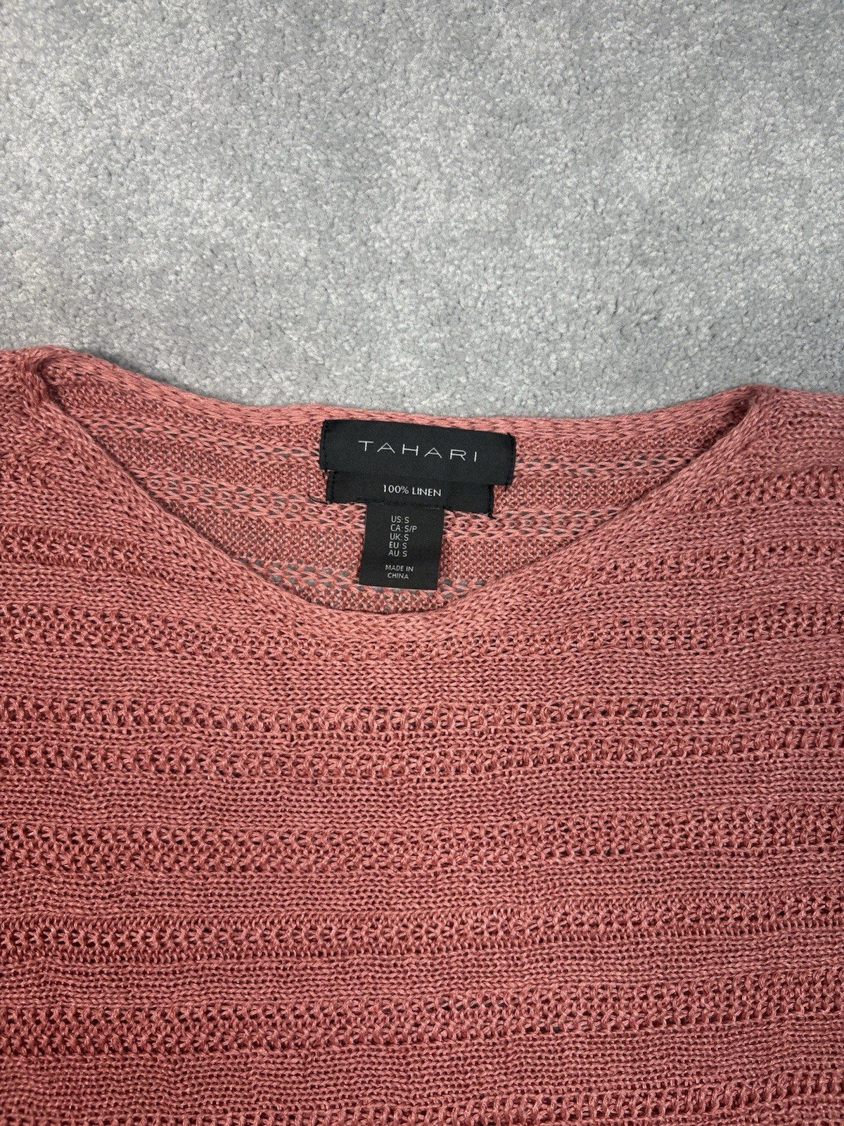 TAHARI Crochet Knit Linen Boat Neck Top Women’s Small 3/4 Sleeve Mauve Pink