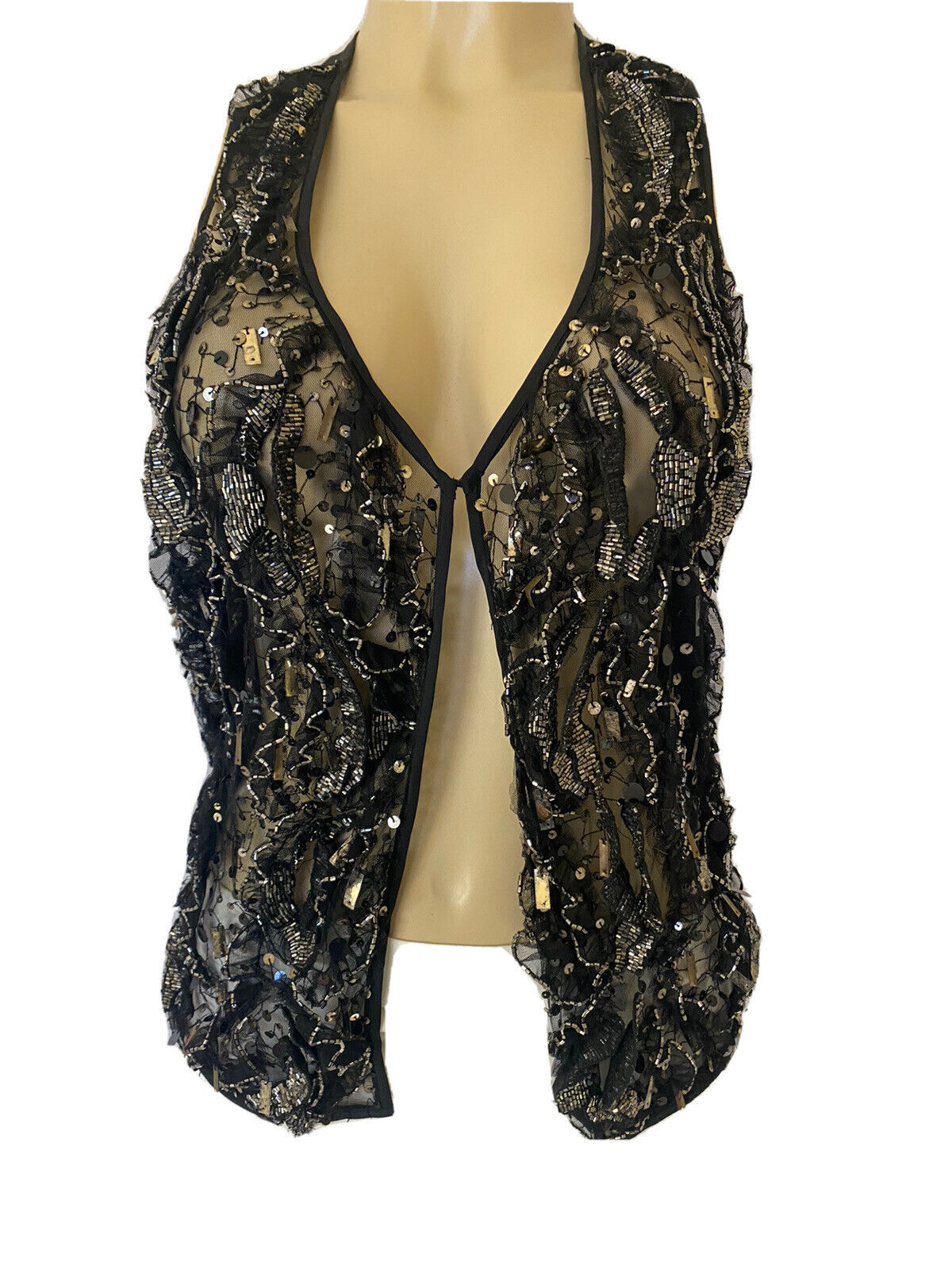 Love Richard Chai Top Vest Sequin Beaded Black Silver Lace Embellished Silk 10
