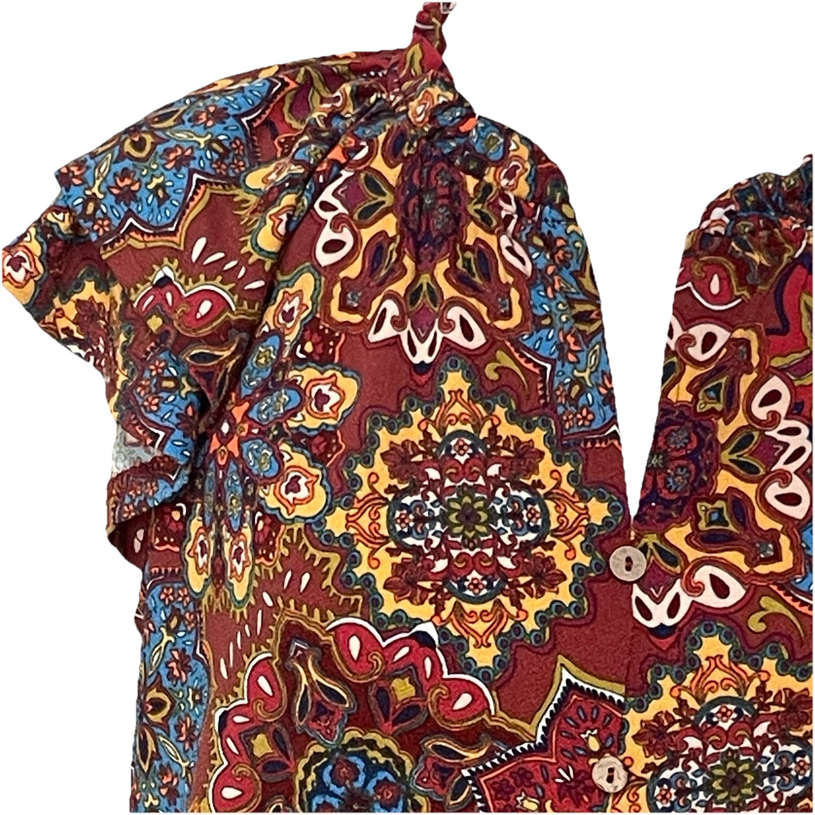 Flower & Feather Top Ruffled Sleeve Blouse Boho Beach Button Detail Women’s Sz M