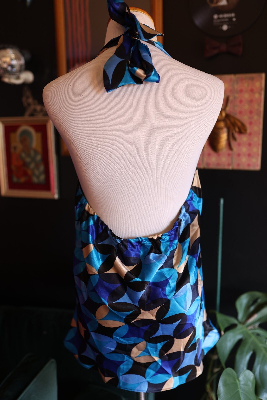 Vintage Handmade 90s Y2K Funky Psychedelic Retro Blue Halter Top M/L