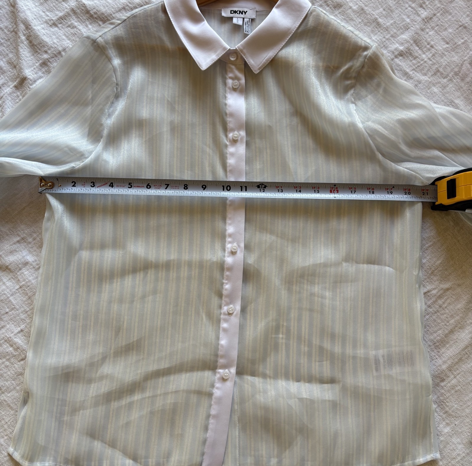 DKNY Pale Aqua Striped Sheer Organza Button Front Shirt, Size Large