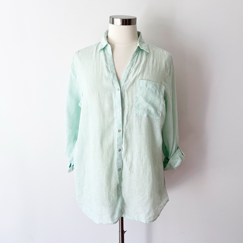 Sigrid Olsen 100% Linen Shirt in Pale Blue Mint, Button Up Relaxed Fit Summer