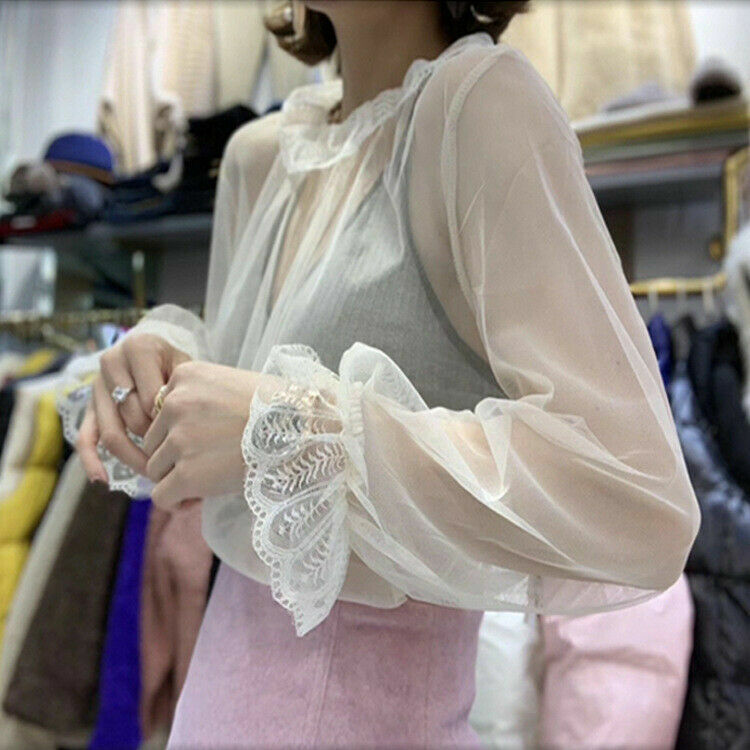 Lady Lace Shirt Tops Mesh Sheer Peter Pan Collar Blouse Lolita Flare Sleeve Sexy