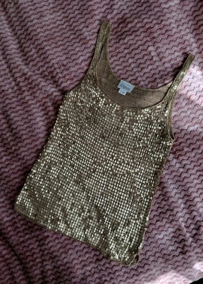 Y2K Gold Sequin Crochet Tank Top Festival Disco Party Fairycore Boho S/M