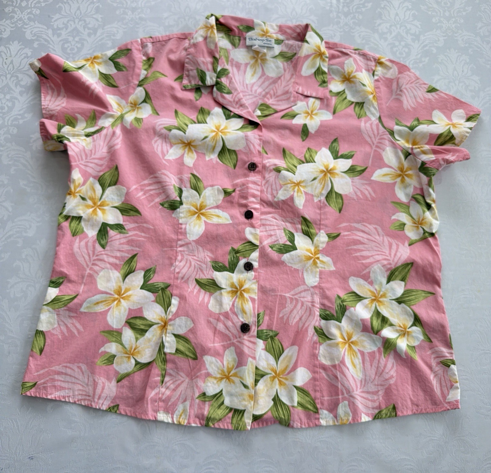 Bishop St Hawaiian Aloha Shirt Pink Plumeria Floral Cotton Women XL Made Hawaii