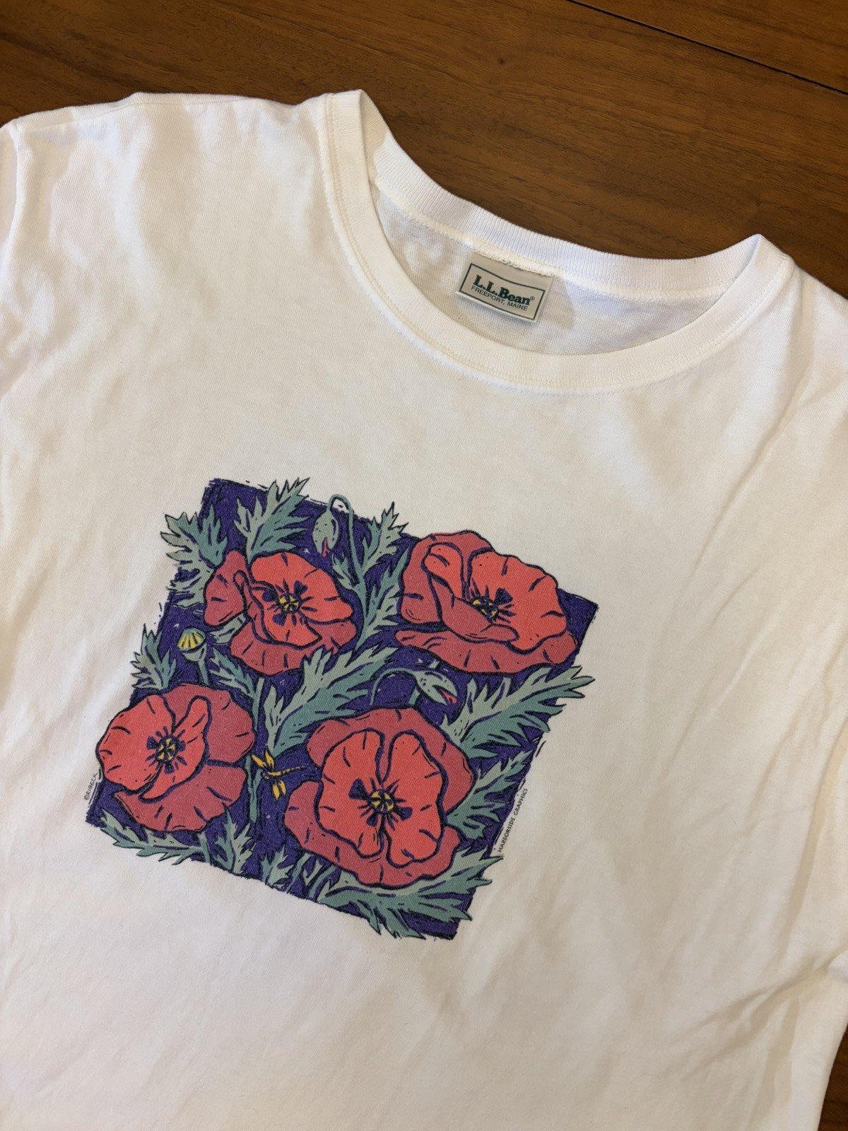Vintage 90s L.L. Bean Garden Poppies T-Shirt Size L Artist Print USA Made Nature