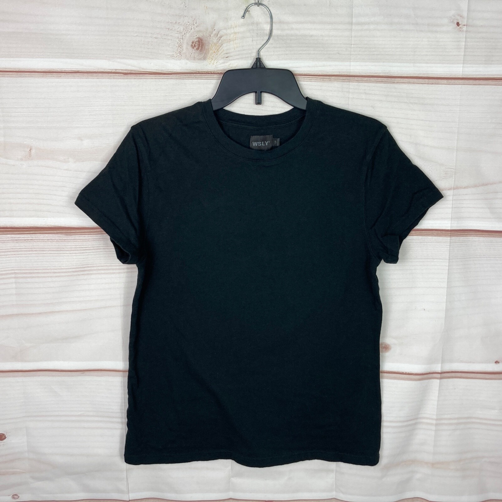 WSLY Top Womens S Black Crew Neck T-Shirt Short Sleeve Cotton Blend Solid Knit