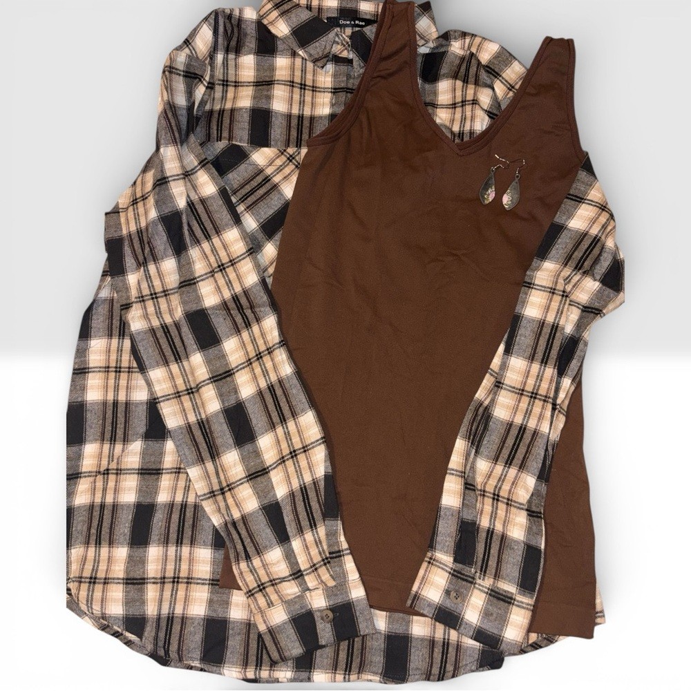 Women’s Grunge Aesthetic Plaid Flannel Shirt brown, black, and white