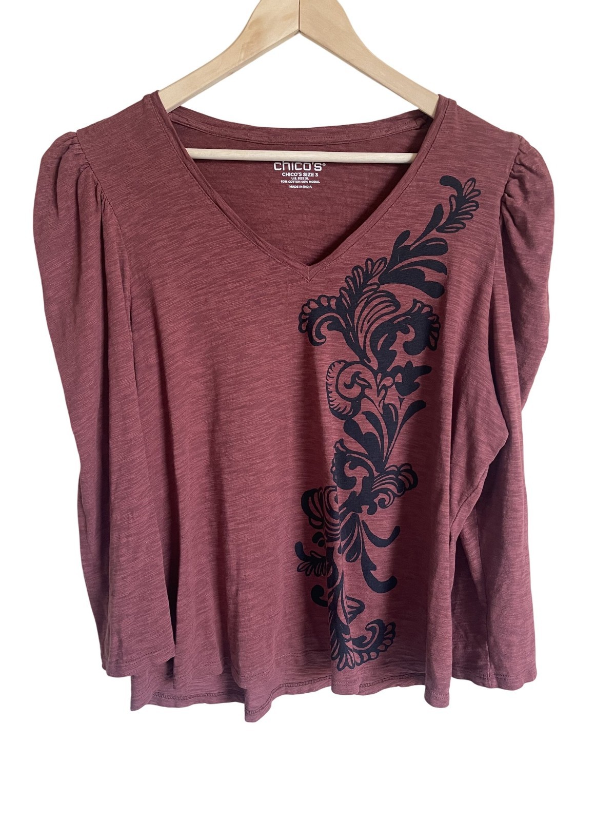 Chico’s Scroll Print 3/4 Sleeve Romantic Maroon Red Tee Puff Sleeve Modal Cotton