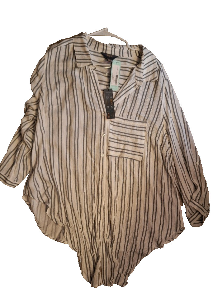 Mix By 41 Hawthorn SEWALL TIE FRONT SHIRT – White with Black Stripes – Size XL