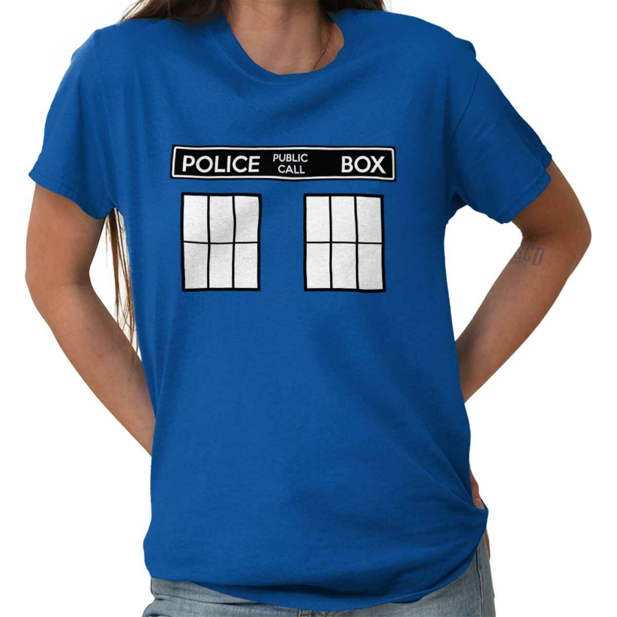 Police Box Time Travel Machine Who TV Show Womens or Mens Crewneck T Shirt Tee