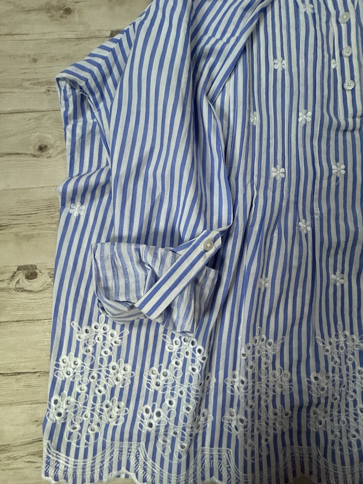American Sweetheart Lot 2 Tunic Blouses XX Blue Green Stripe Eyelet Cotton