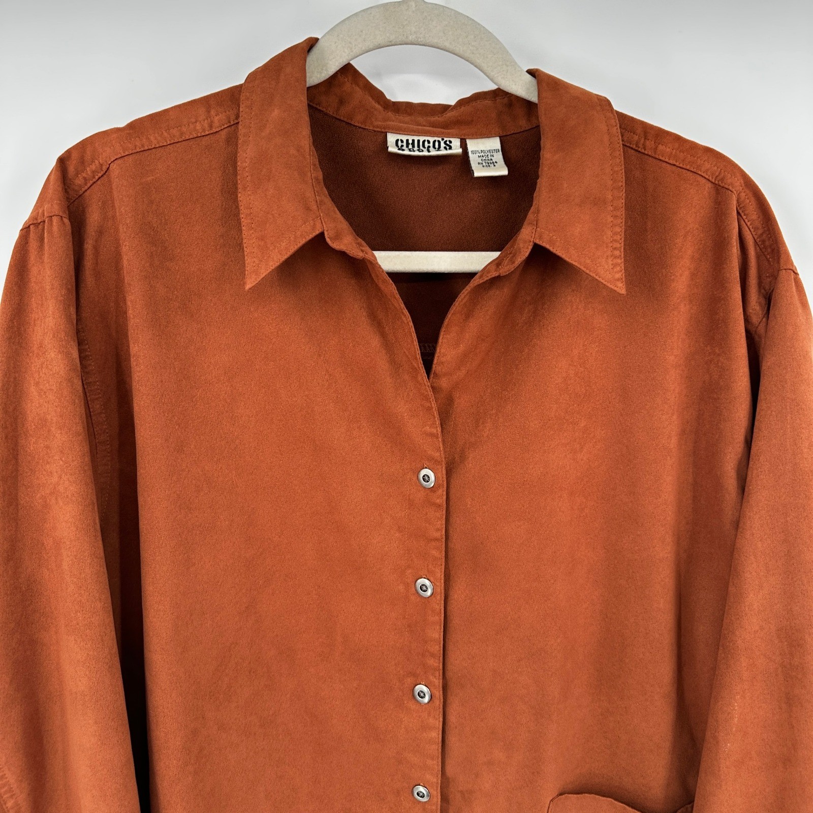 Chicos Design Rust Orange Suede Like Button Up Shirt Jacket Shacket Size 3 XL