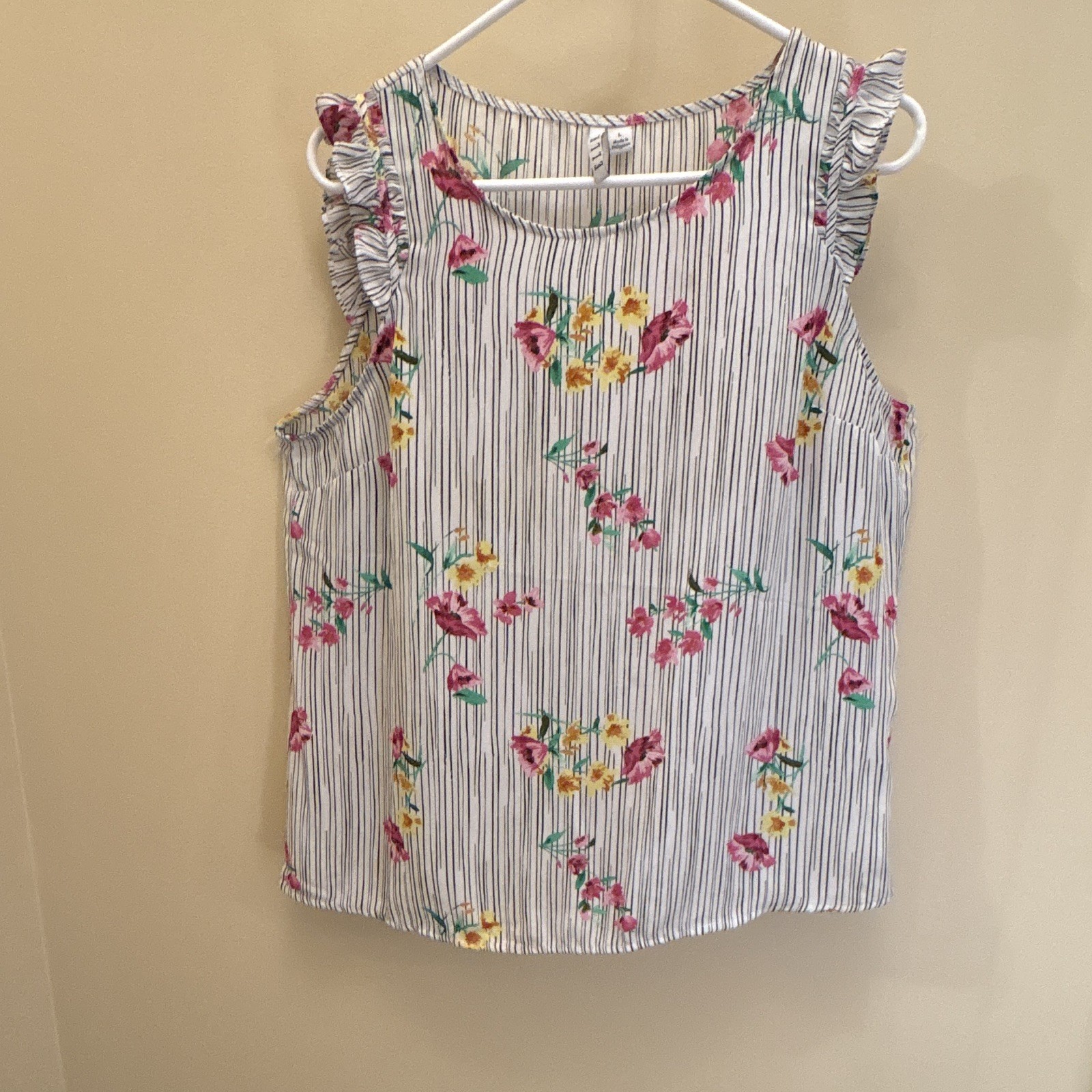 Elle White Floral Stripe Woven Ruffle Sleeveless Pullover Tank Top Regular L