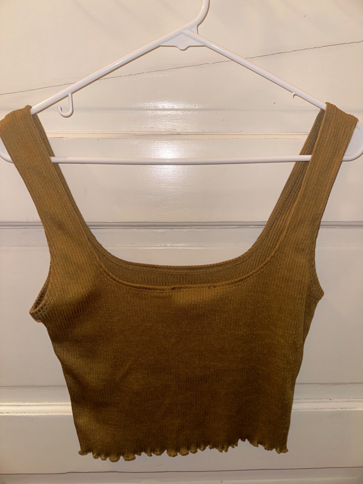 Forever 21 Ribbed Square Neck Crop Wide Strap Tank Top Lettuce Trim Olive Brown