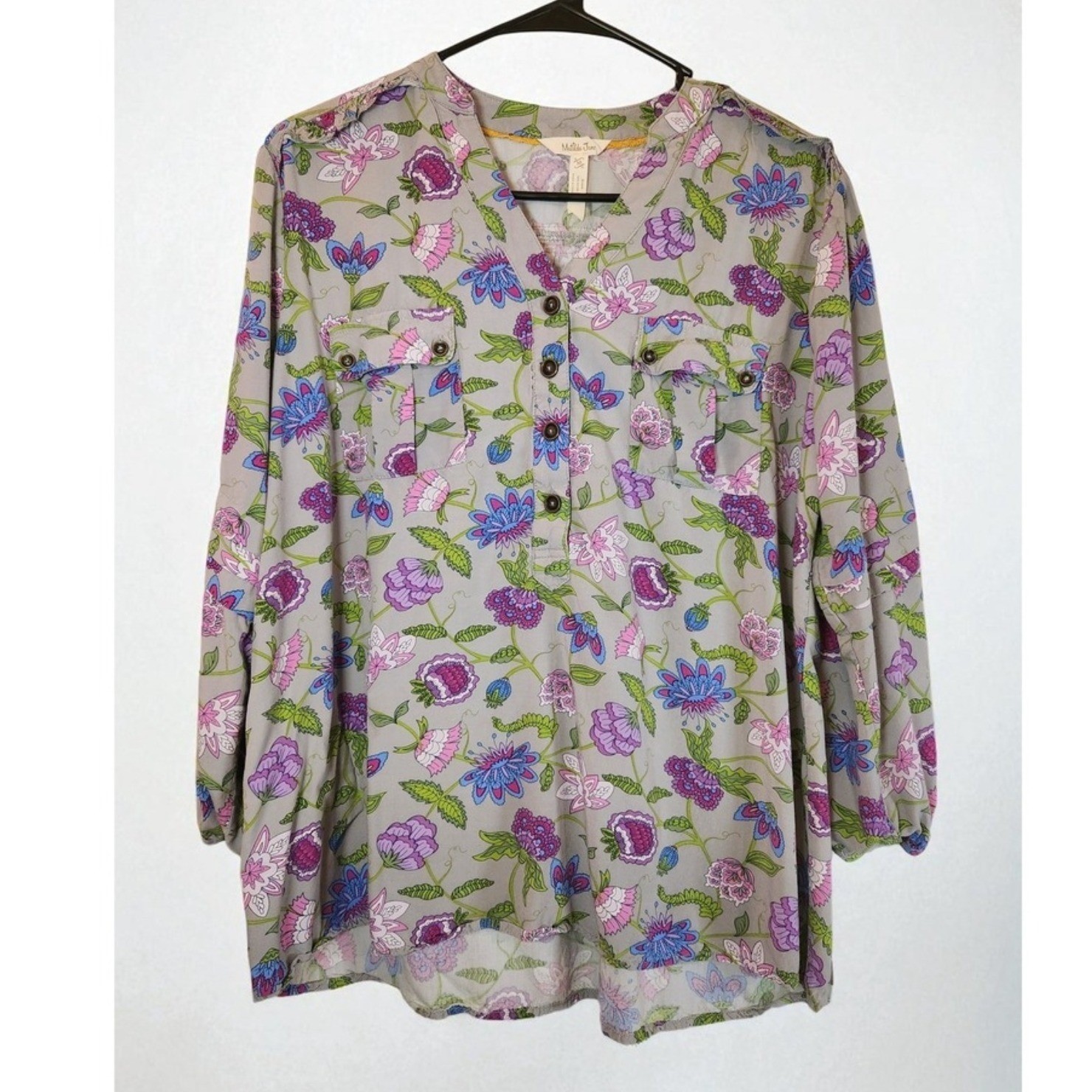 Matilda Jane Womens Floral Button Up Shirt Top Blouse Gray Purple Blue M
