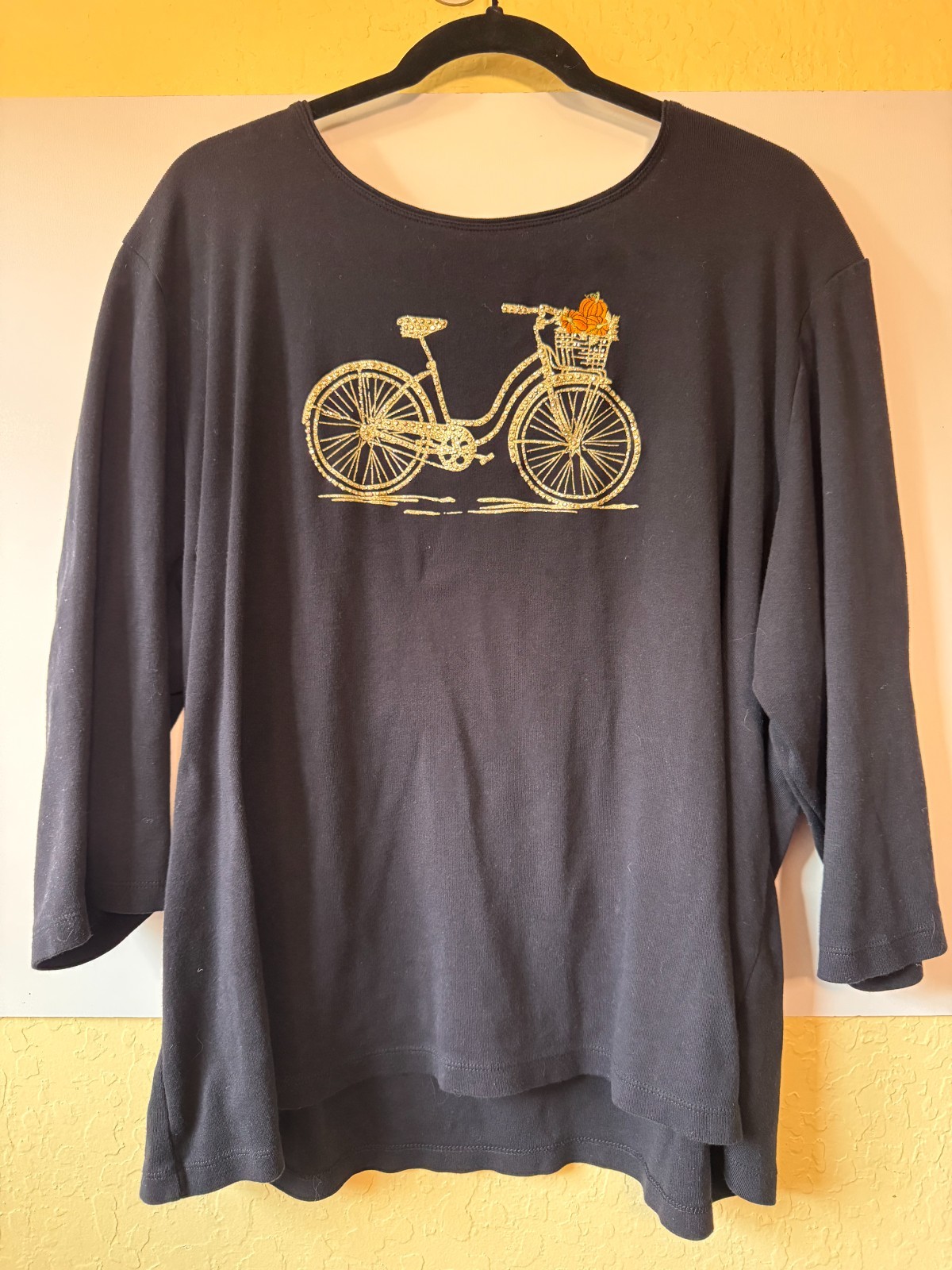 Karen Scott W’s 3X Gold Bicycle Pumpkin Shirt Halloween Thanksgiving Fall Whimsy