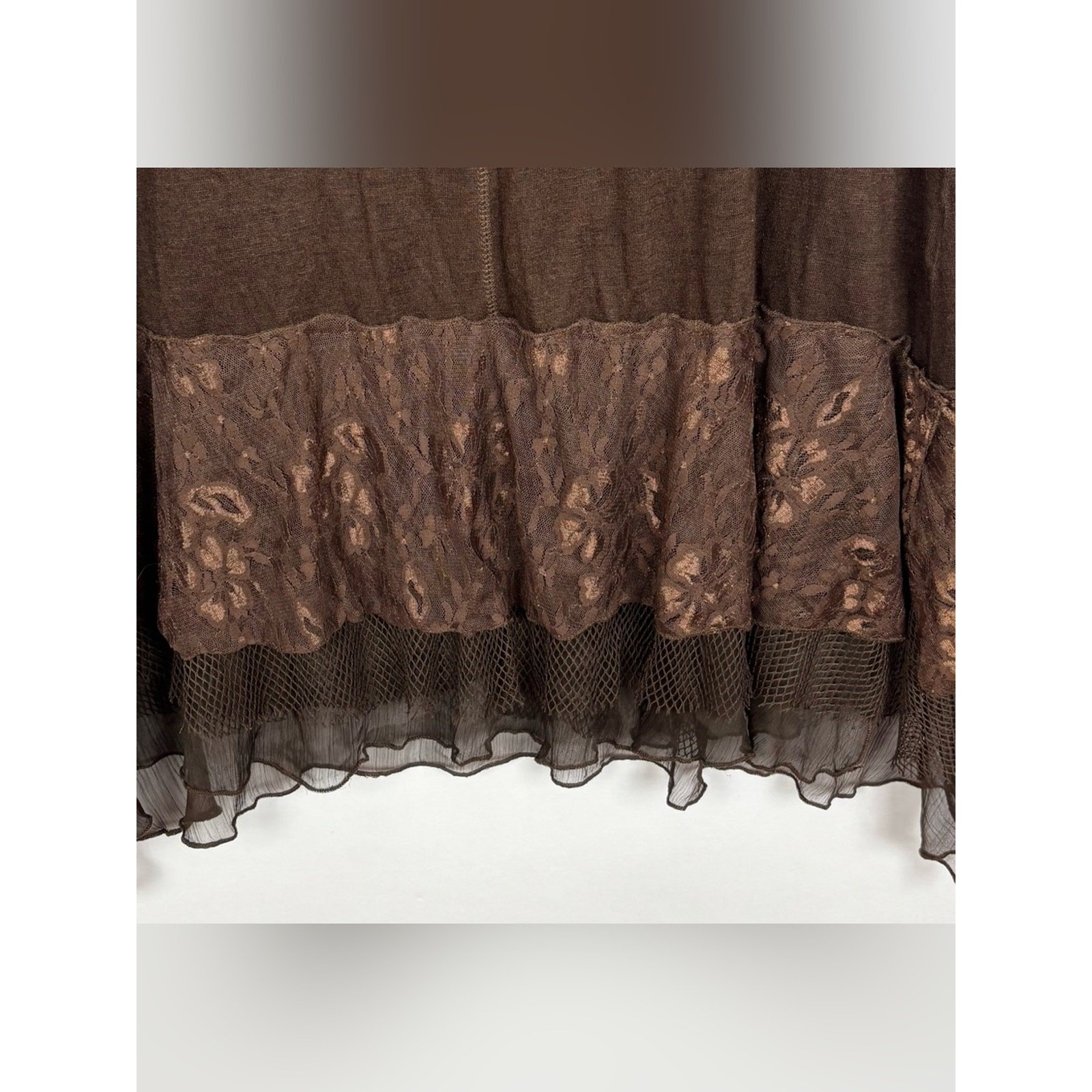 Pretty Angel Tunic Dress Brown Lace Hem linen Blend XL Lagenlook Cottagecore