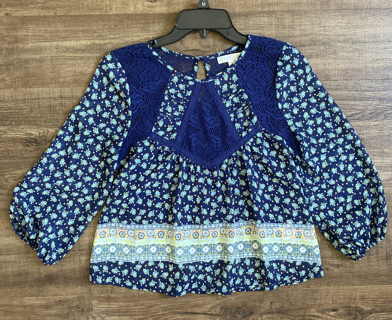 Love Fire Semi-Sheer Boho Lace Floral Blue Women’s 3/4 XS Blouse Extra Small