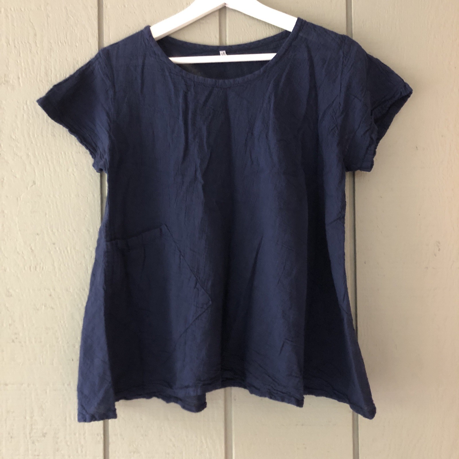 Women’s Blue Top Popover 100% Cotton Semi Sheer Lagenlook S/S Made in Thailand