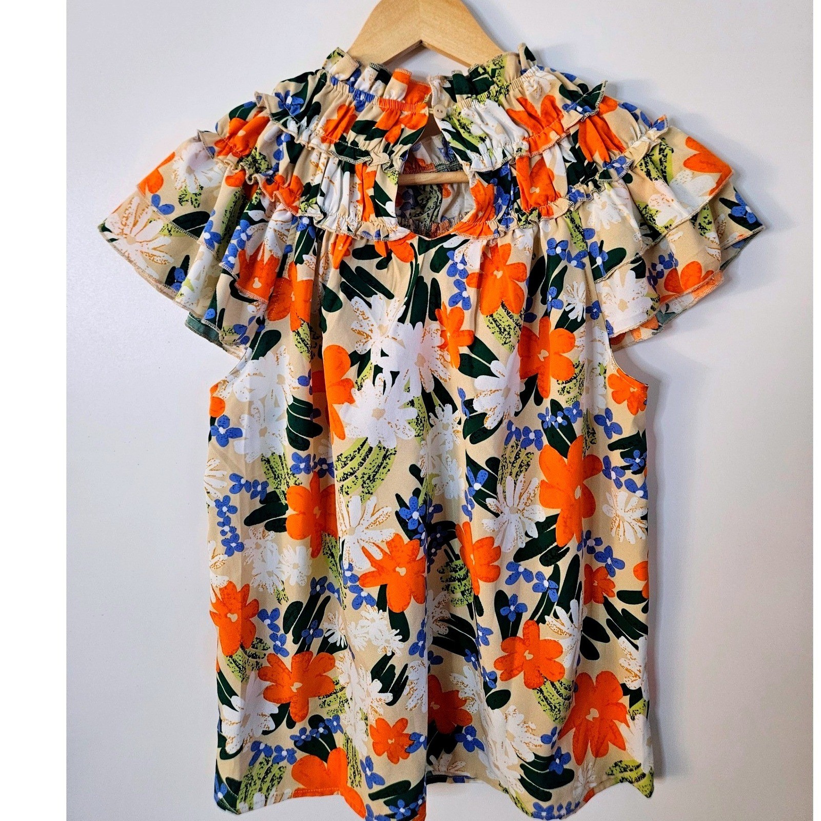 BIBI Floral Ruffle Flutter Sleeve Blouse Women Small Tan Orange Excellent Boho