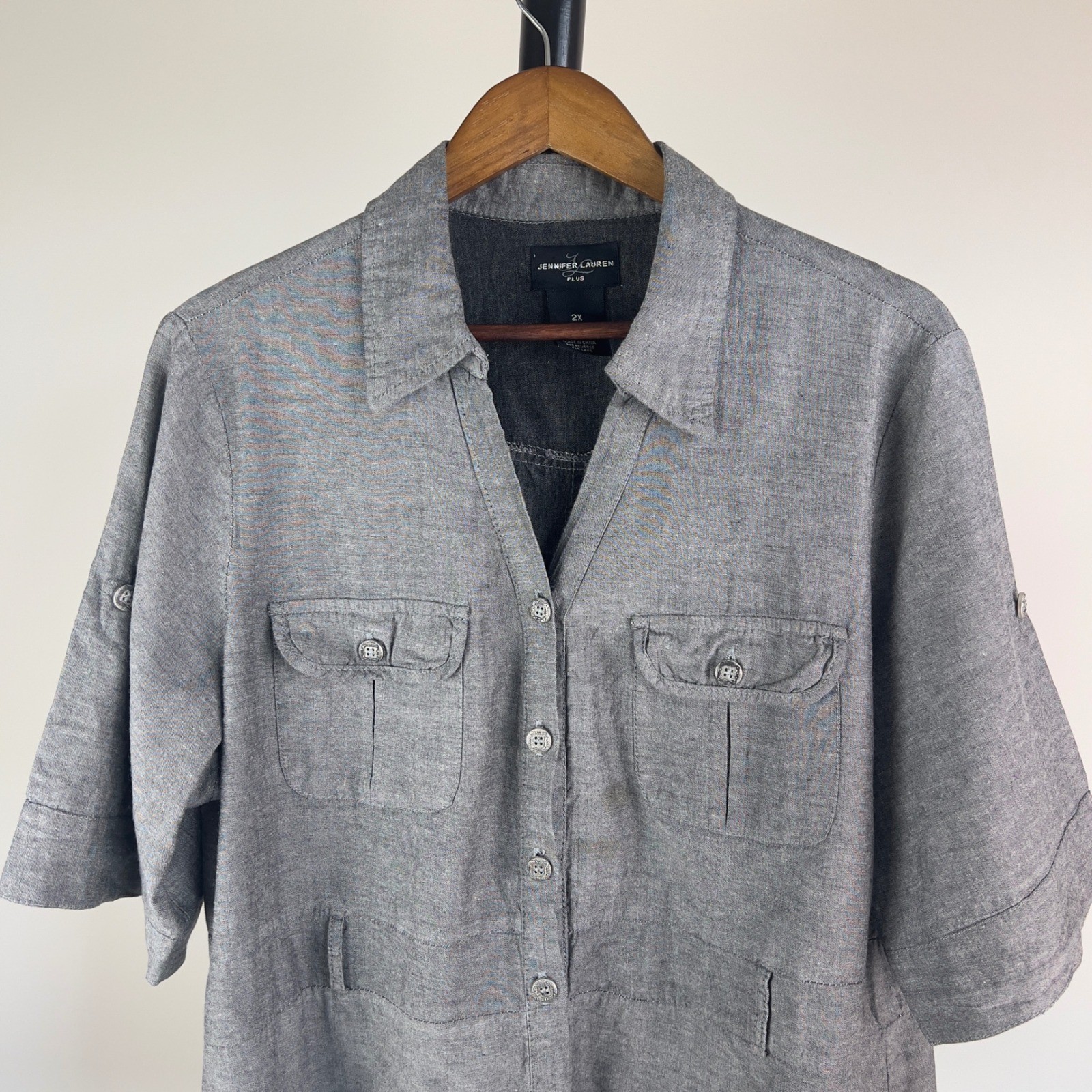 Jennifer Lauren Plus Grey Cotton Button Down Utility Shirt 2X Short Sleeve