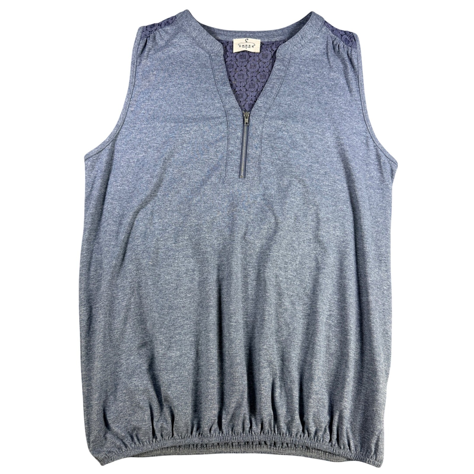 Ember Women Tank Top Lace Back Zip V-Neck Large Blue Rayon Spandex Casual