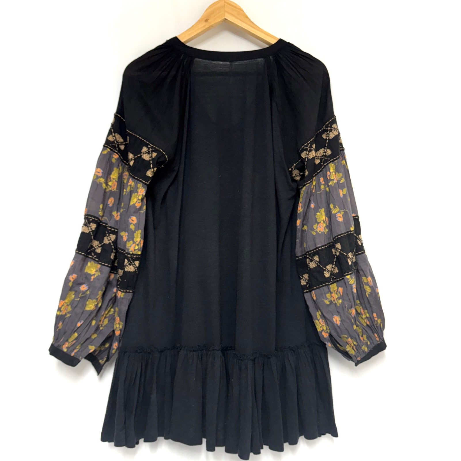 Free People Mix It Up Tunic Flowy Blouse Top Linen Blend Boho Floral Black, sz S