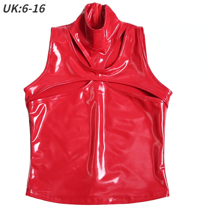 Women Faux Latex Camisole Vest Tank Top Wet Look Hollow Out Stage Club Sexy