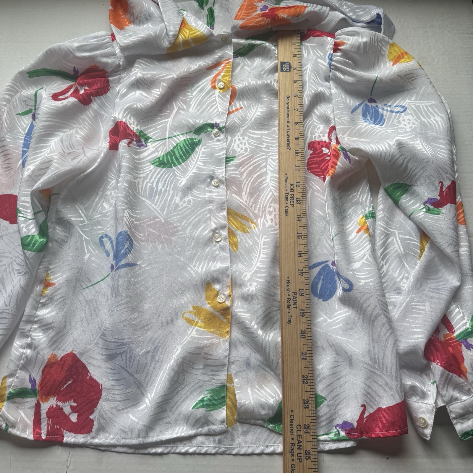 Vintage Eva Laurel Satiny Secretary Blouse Sz 12 White Floral Sash Silky Glam