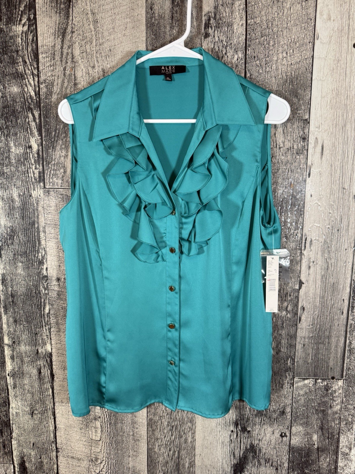 NWT Alex Marie Green Sleeveless Button Up Ruffled Top Size Petite Large