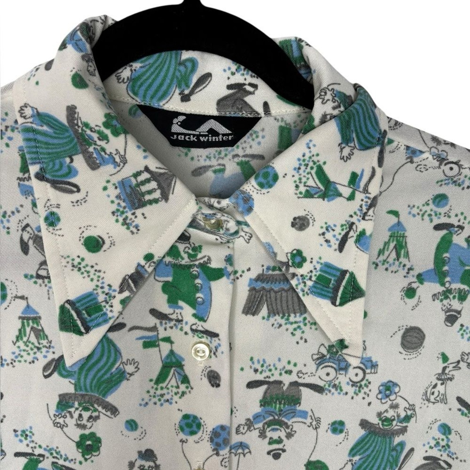 VTG 60s 70s Jack Winter Clown Print Carnival Long Sleeve Button Up Wearable Art