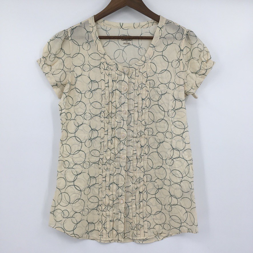 Cabelas Pintuck Circle Print Button Up Blouse Women S Cream Teal Outdoor Western