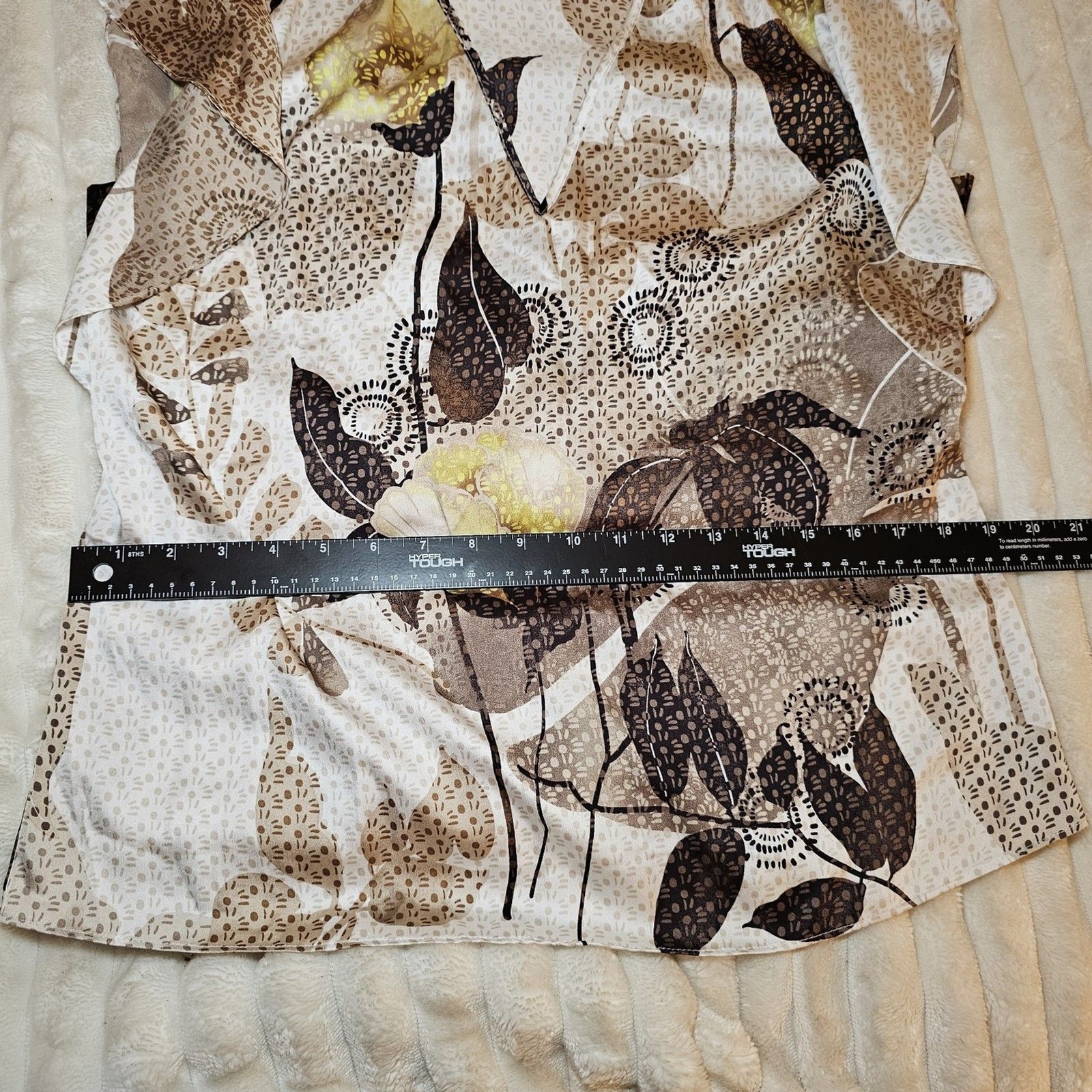 White House Black Market Silk Blouse Brown and Yellow Floral Print Medium