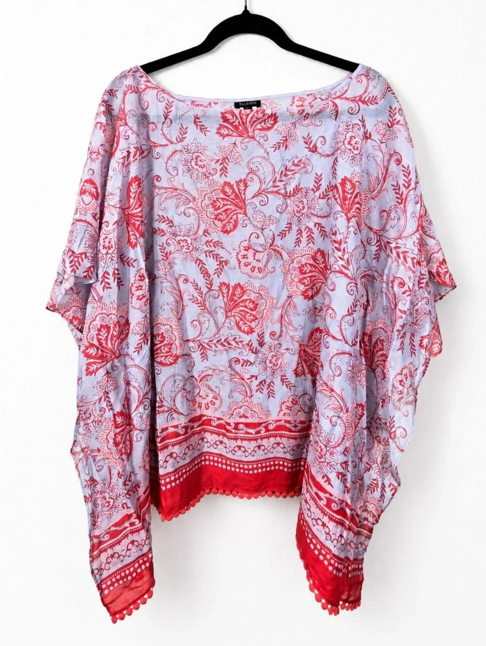 Talbots Cotton Silk Floral Border Print Poncho Blouse Pom Pom Trim Women’s Large