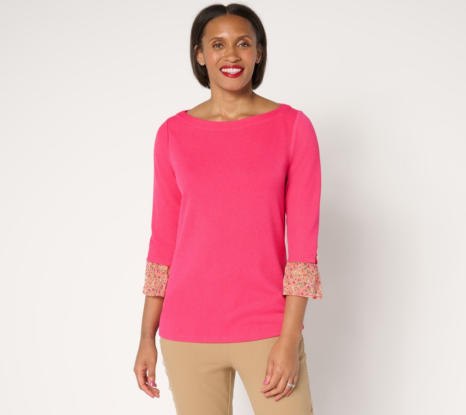 Isaac Mizrahi Live! Women’s Top Sz XL Pebble Knit Printed Cuffs Pink A674508