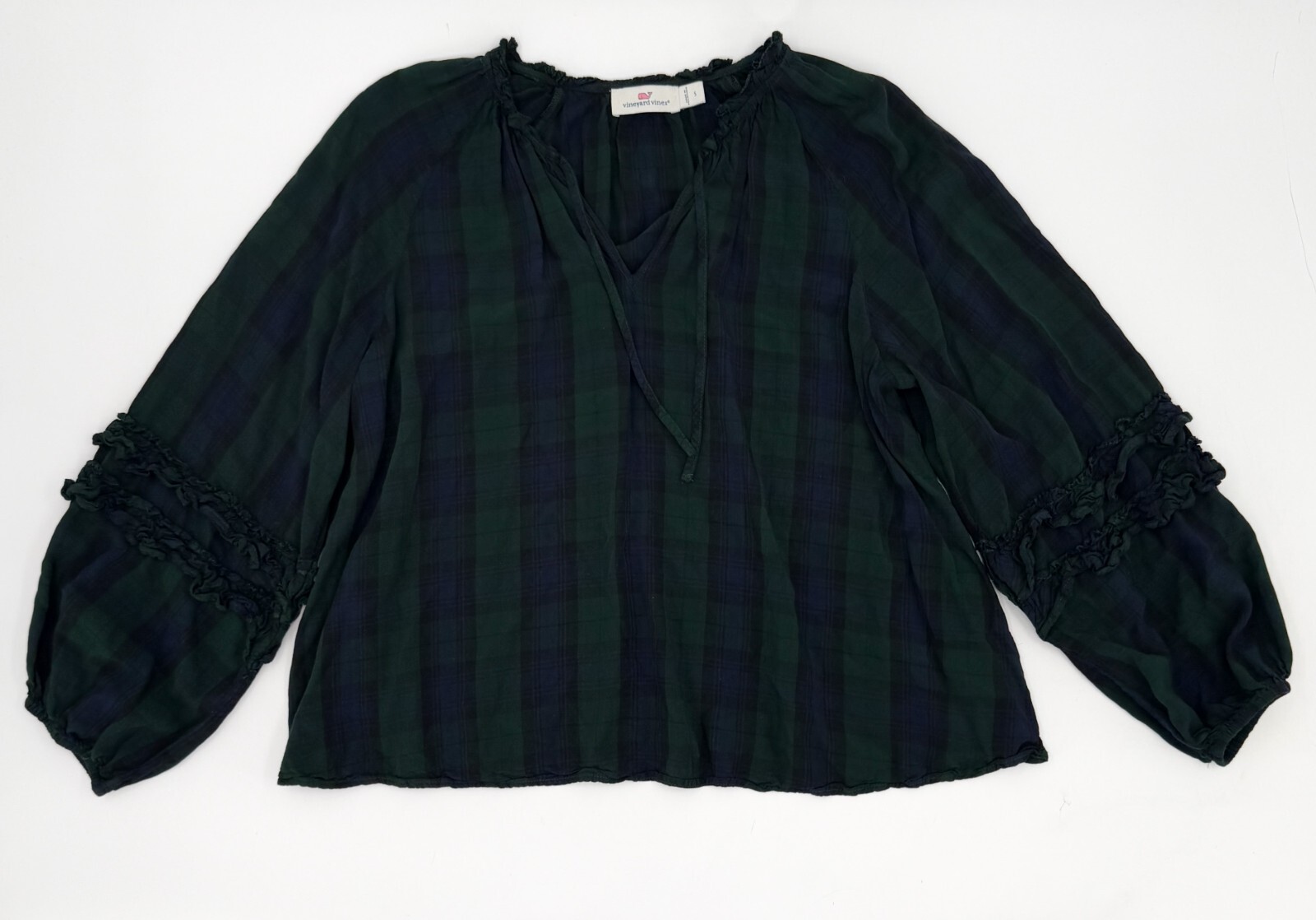 Vineyard Vines Shirt Womens Small Green Plaid Tunic Blouse Barrel Cuff Boho