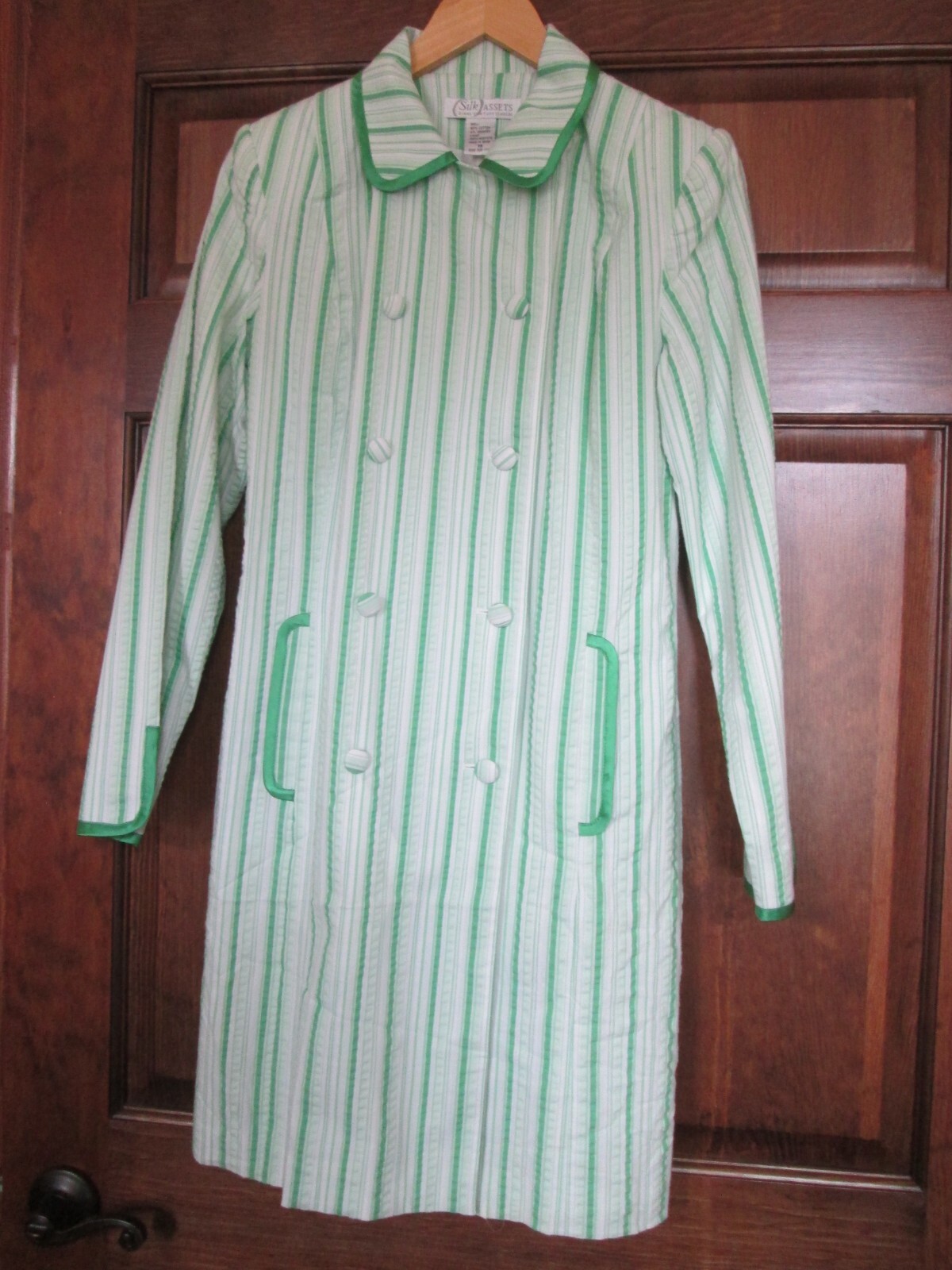 SILK ASSETS DIANE VON FURSTENBURG XS GREEN & WHITE LIGHTWEIGHT TRENCH COAT EUC