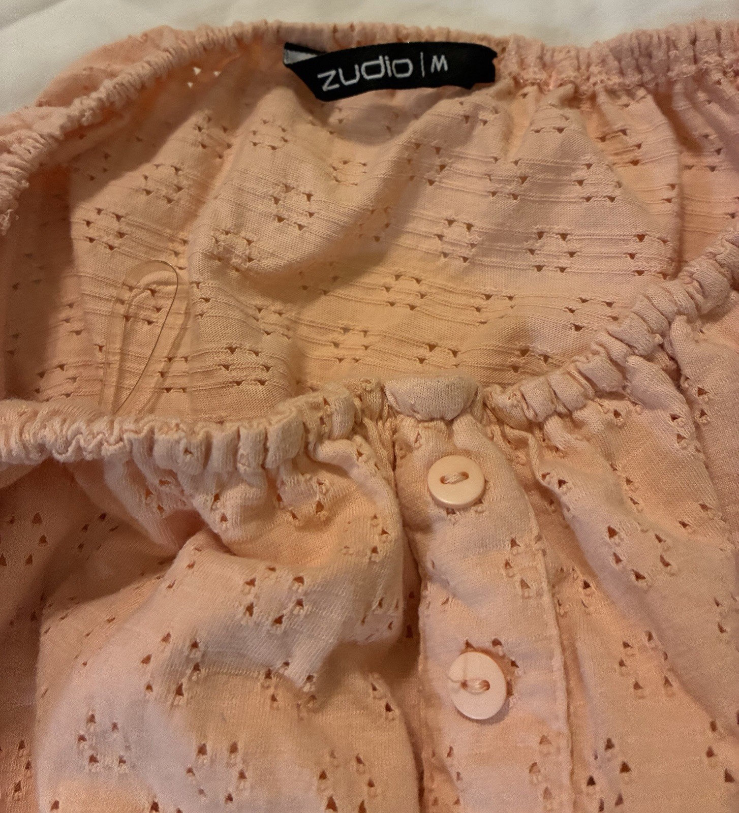Peach / Coral Smocked Eyelet Puff Short Sleeve Square Neck Crop Cotton Blouse M