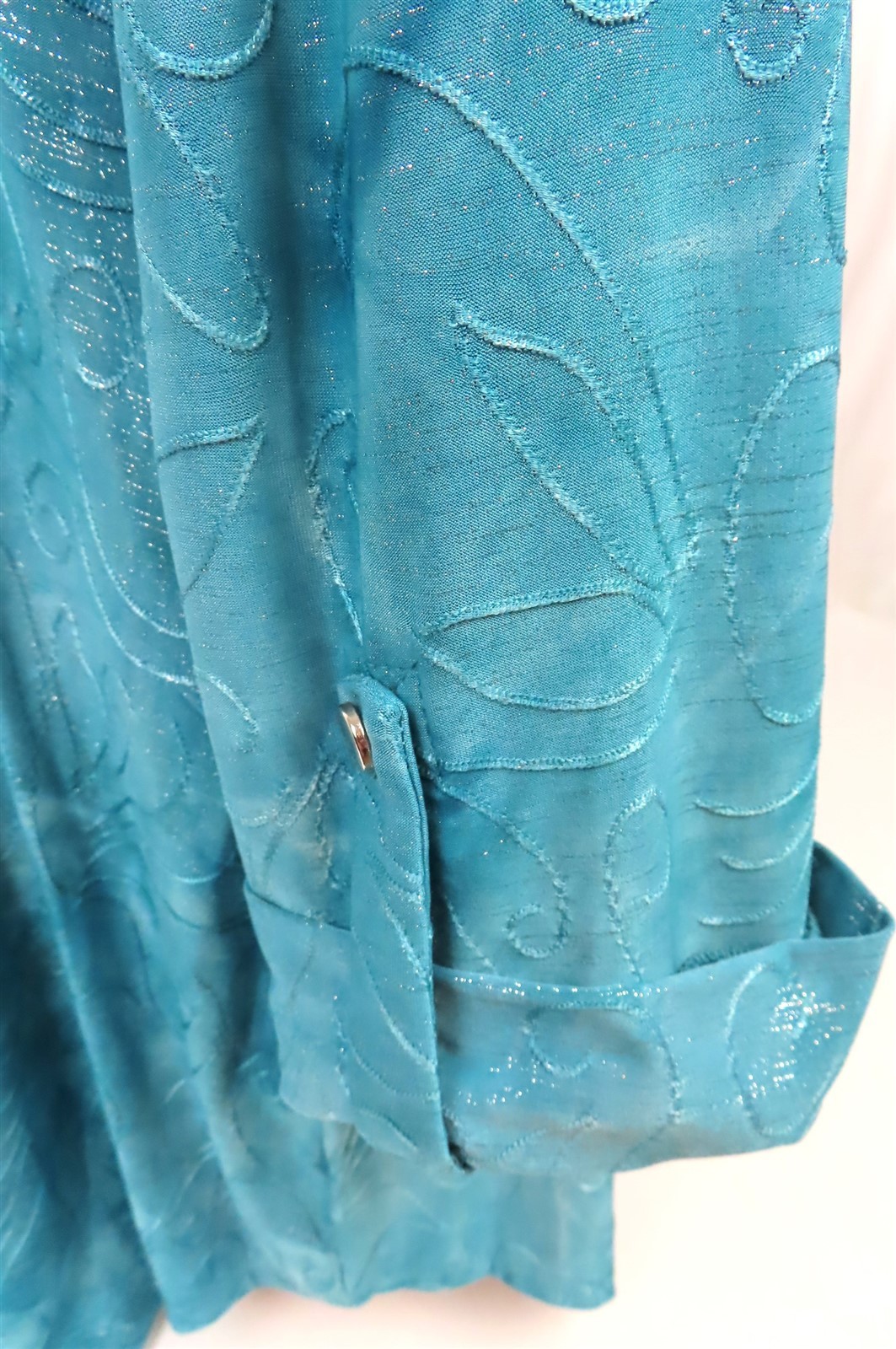 New Directions Womens Blouse M Medium Teal & Silver Metallic Shark-bite Hem NWT