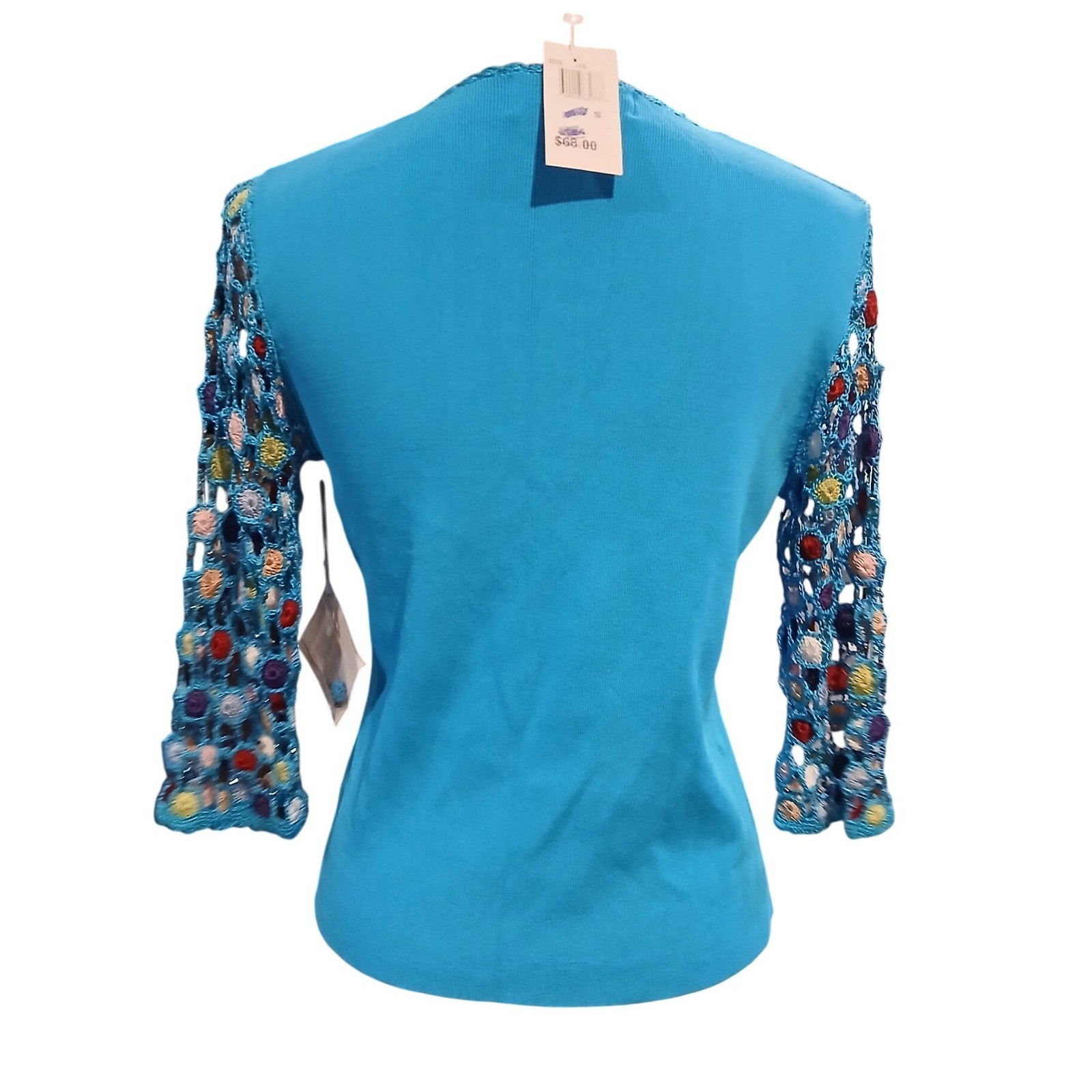 Vtg Joseph A Funky Crochet Sleeve V-Neck Knit Top Beaded Boho Blue Small Blue