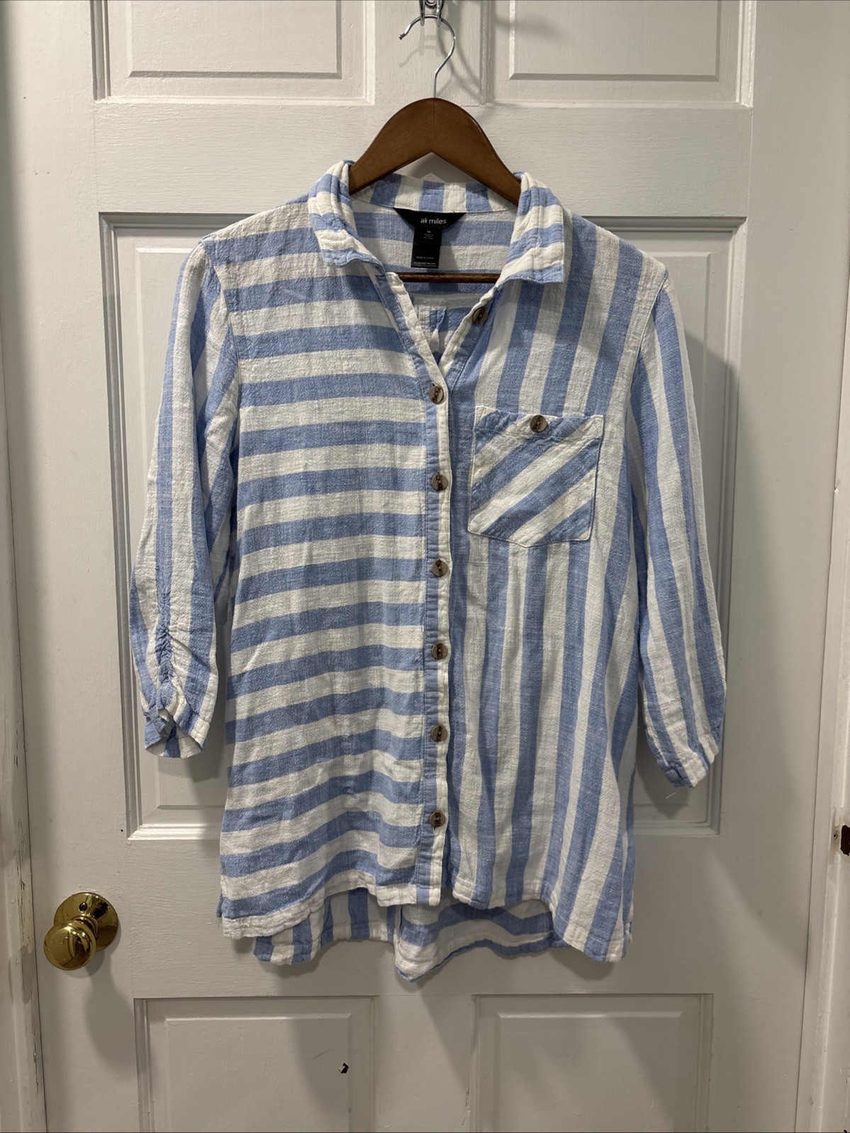 Ali Miles Women’s Linen Blend Button Down Top Size M 3/4 Sleeve Striped EUC